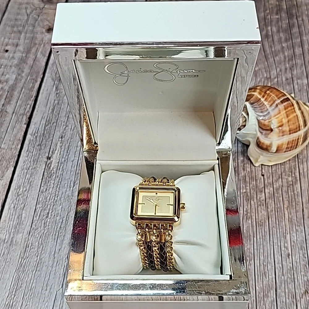 NWT JESSICA SIMPSON MULTI-CHAIN BRAIDED BAND GOLD TONE RECTANGLE WATCH